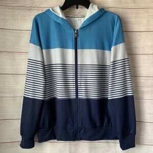 Blue and Gray Colorblock Zip Up Hoodie Jacket Stripes Long Sleeves Size Large
